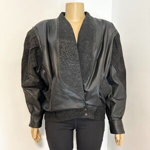 Winlit Vintage Leather Suede Black Bomber Jacket Womens Size L
